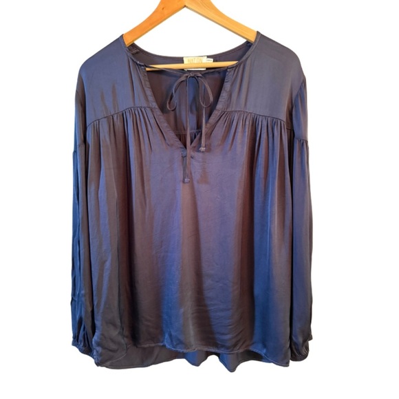 Nation LTD Rochelle Peasant Top Navy Large Shirred Satin Viscose Coastal - Picture 2 of 7